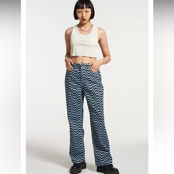 NWOT The Ragged Priest Blue/Black Wave High Waist Straight Leg Jeans --‎ … - Picture 2 of 10
